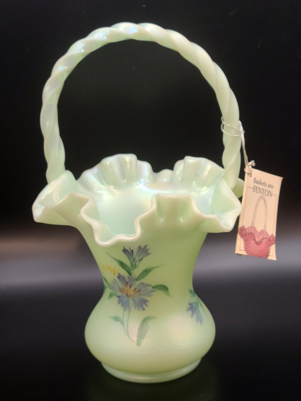 Fenton Glass Sea Green Iridescent Vintage Basket D. Robinson 10.75"H